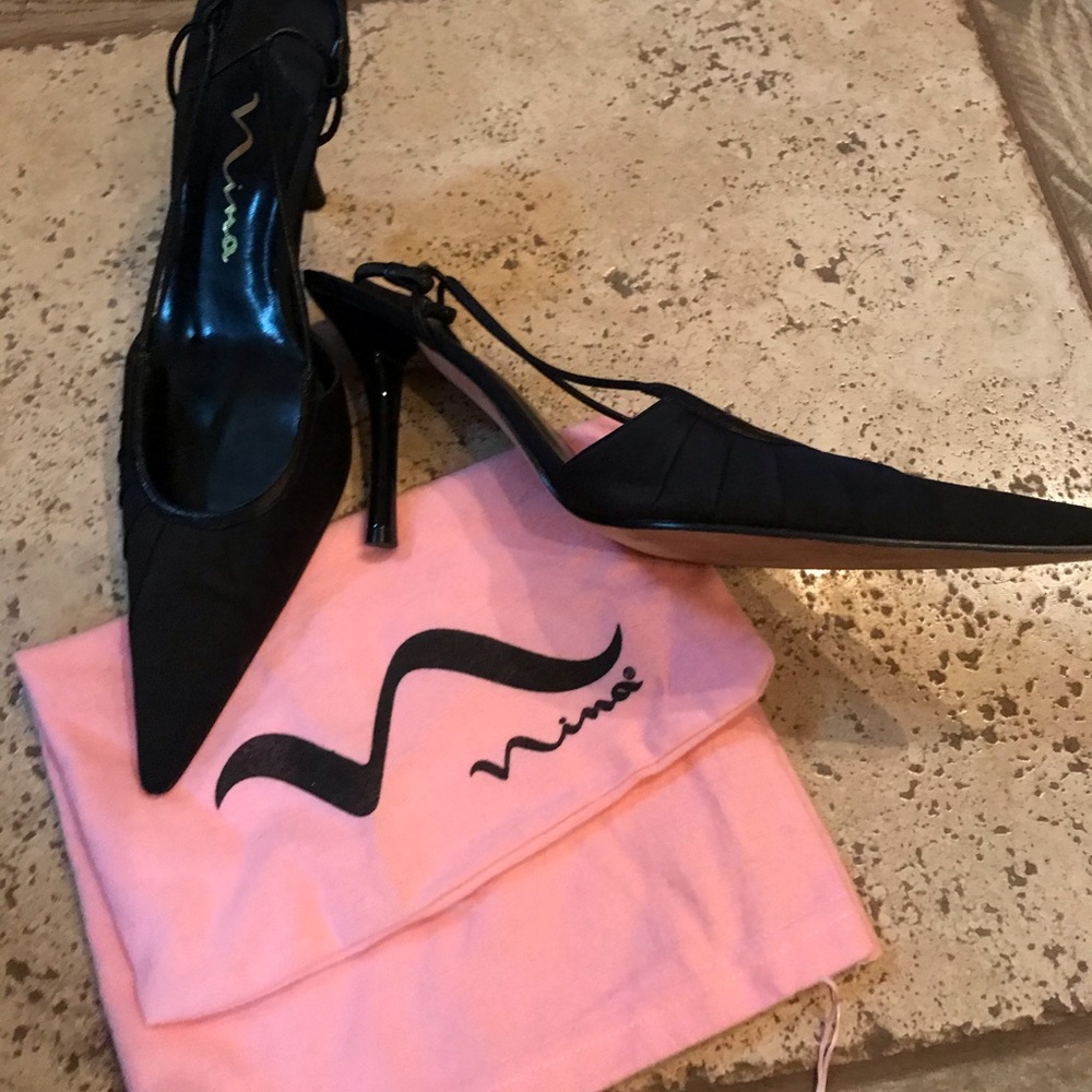 Nina satin and leather strap heel